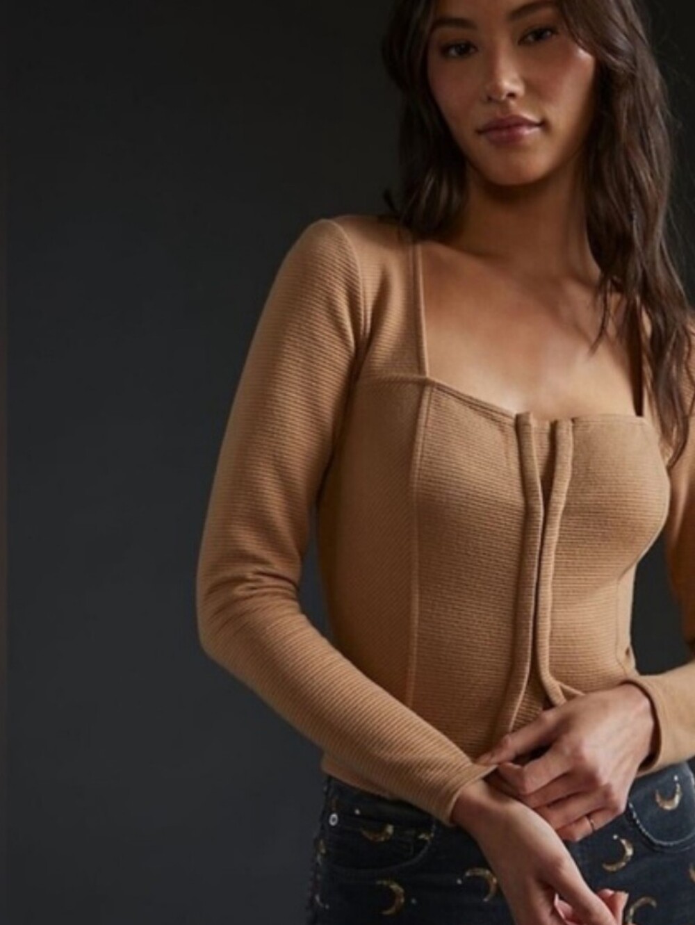 NWT Women's ANTHROPOLOGIE BB Dakota Ribbed Long-Sleeve Crop Top - Tan Large